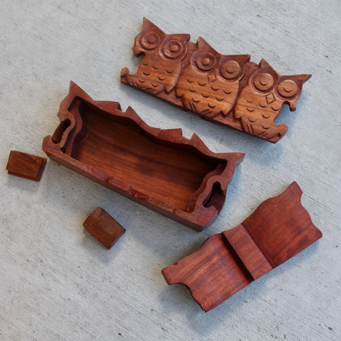 Vintage Wood Puzzle Box Mystic 3 Owls Family Rustic Shabby Etsy