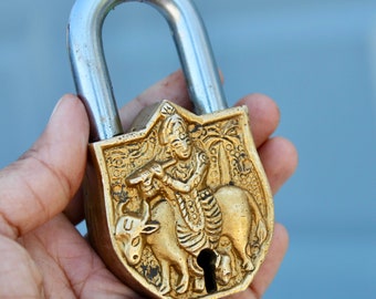 Old Padlock Lord Krishna Rare Lock, Antique working lock - Ancient VTG vintage Temple lock shabby chic gift security lock