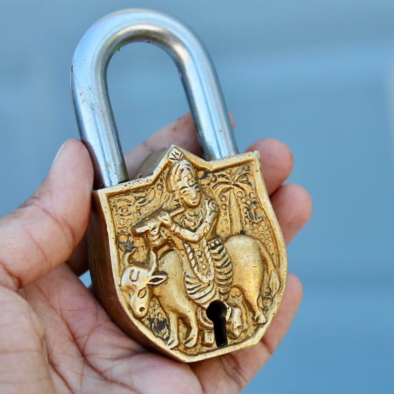 Antique working lock Ancient VTG vintage Temple lock shabby chic gift security lock Old Padlock Lord Krishna Rare Lock