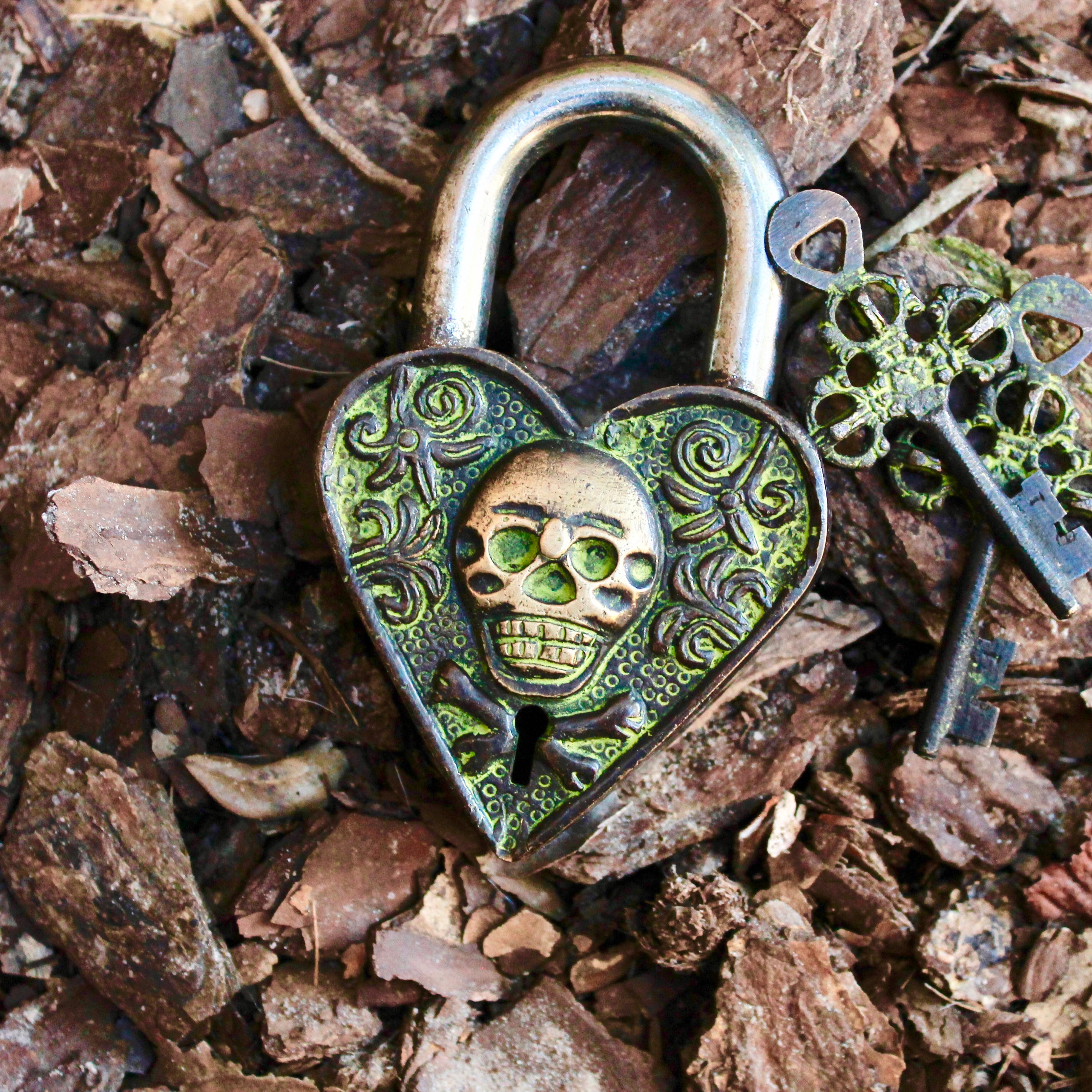 Vintage Brass Padlock - Skull, Skeleton Shape Antique Working Lock