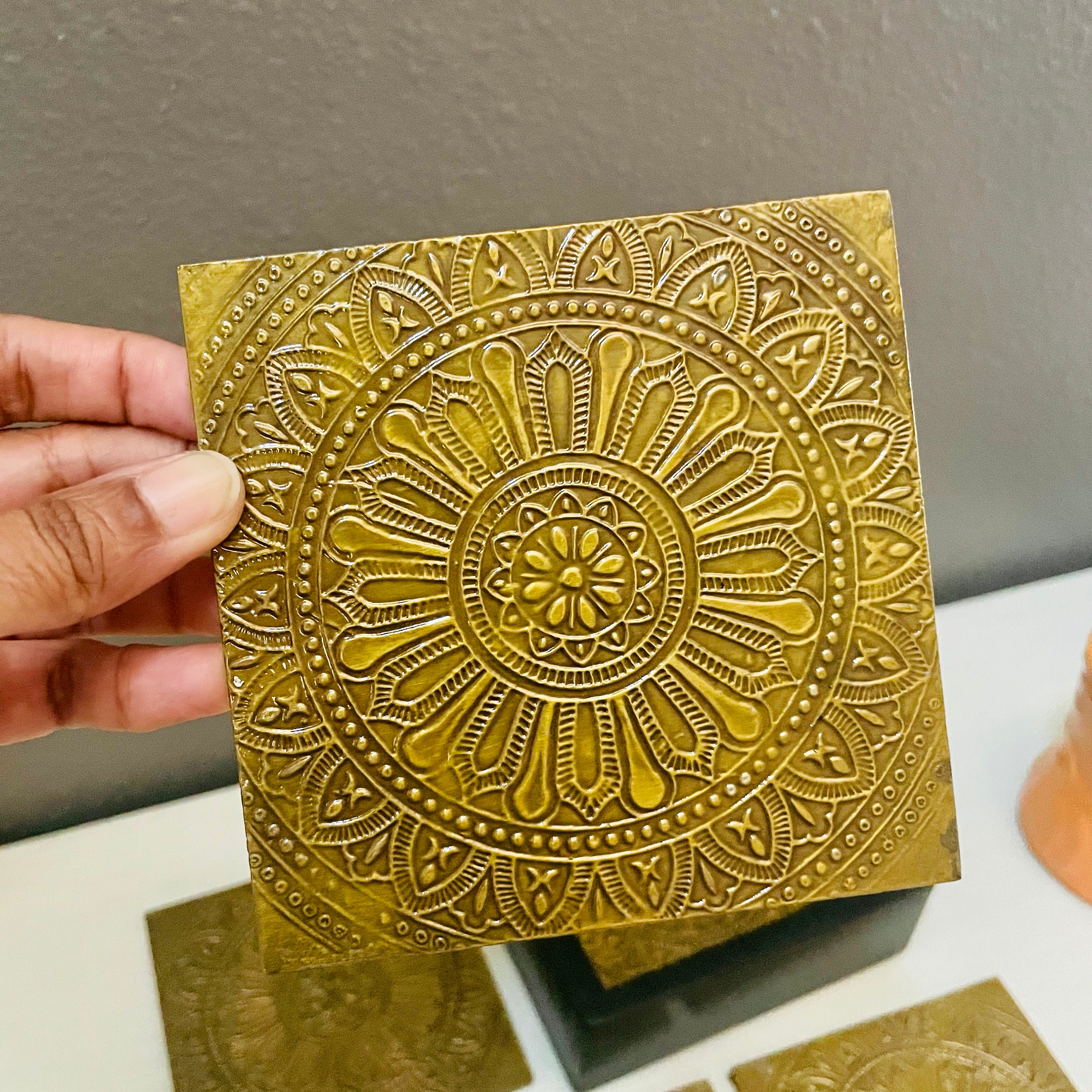 Vintage Floral Coaster Set, Rustic Brass Plated Drink Coaster Set of 6 ,  Mandala Yoga Yogi Gifts, Coasters With Holder, Wooden Coasters 