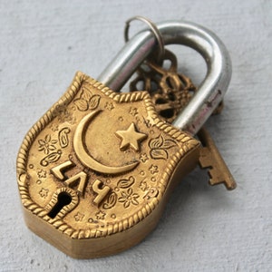 Vintage Padlock, Celestial Moon Star Antique working lock, Bronze lock and Key, Rustic Wedding gift, Solid Brass Metal