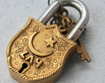Vintage Padlock, Celestial Moon Star Antique working lock, Bronze lock and Key, Rustic Wedding gift, Solid Brass Metal