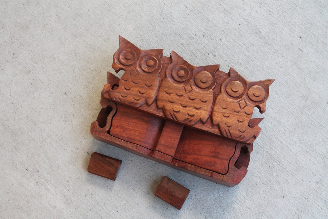 Vintage Wood Puzzle Box Mystic 3 Owls Family Rustic Shabby Etsy