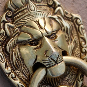 May include: A gold lion's head door knocker with intricate details and a ring for knocking. The lion's head is detailed with a crown and a fierce expression.