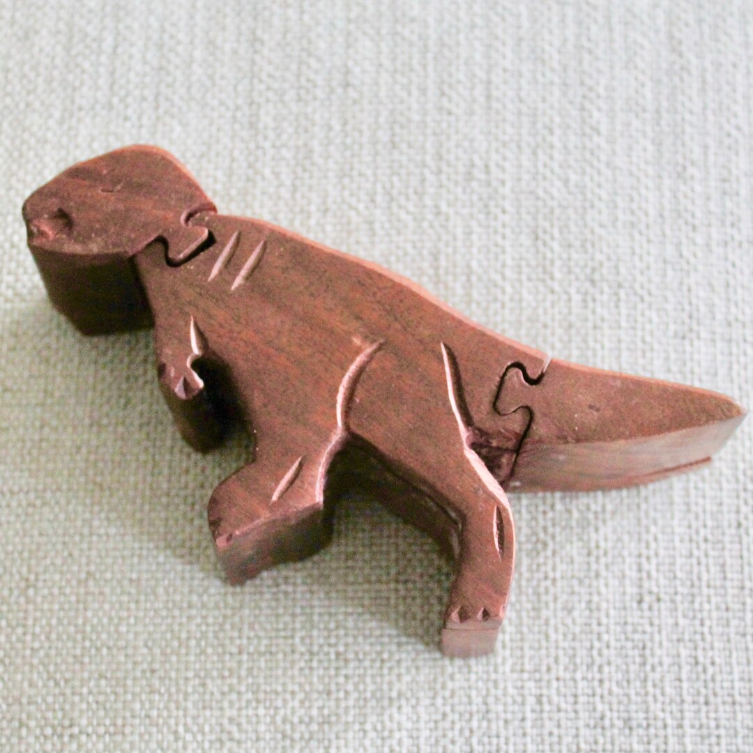 Vintage Wood Dinosaurs Jewelry Box, Small Antique Puzzle Ring Box