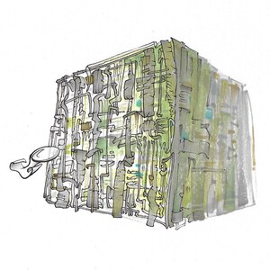 May include: An abstract watercolor illustration of a cube-shaped structure with a complex, textured surface. The cube is primarily green and gray, with a small, circular element extending from its side. The artwork is set against a white background.