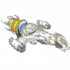 May include: A detailed line drawing of a spaceship with a white, gray, and yellow color scheme. The spaceship has a long, narrow body with a pointed nose and two large engines on the back. The spaceship is flying through space.