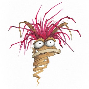 May include: A cartoon illustration of a creature with a brown, twisted body and a bright pink, spiky hairdo. The creature has large, round eyes and a surprised expression.