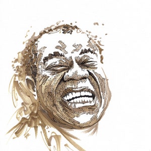 May include: A detailed pen and ink illustration of a person's face, captured in a moment of laughter. The artwork uses varying shades of brown to create depth and texture, with visible brushstrokes and linework. The eyes are closed, and the mouth is wide open, revealing teeth.