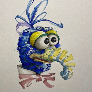May include: A blue and yellow cartoon character with large eyes and a bow tie. The character has a long, yellow beak and a blue and purple feathered headdress.