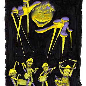 May include: A yellow and purple cartoon illustration of a puppet master controlling four puppets. The puppet master has a large, toothy grin and is holding strings attached to the puppets. The puppets are playing musical instruments, including a guitar, drums, and a keyboard.