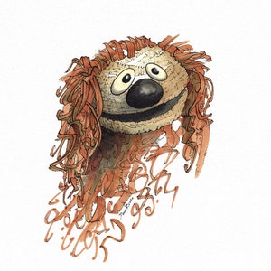 May include: A watercolor illustration of a brown puppet with a big smile and large eyes. The puppet has a brown nose and a shaggy brown mane. The background is white with brown ink splatters.