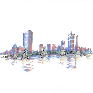 Puede incluir: Una pintura de acuarela de un horizonte de ciudad con un puente en primer plano. Los edificios son una mezcla de estilos modernos y tradicionales, y el puente es un diseño de arco simple. El agua es de color azul claro y el cielo es de un blanco pálido.