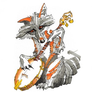 May include: A raccoon playing a banjo with a black and white striped tail. The raccoon is drawn in a cartoon style with a gray, orange, and white color scheme.