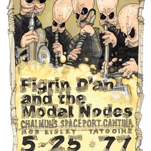 Puede incluir: Un póster de estilo vintage que anuncia una banda llamada "Figrin D'an and the Modal Nodes". El póster presenta una banda de cuatro músicos alienígenas tocando instrumentos. El póster está sobre un fondo amarillo con un marco de madera. El texto en el póster dice "Figrin D'an and the Modal Nodes", "Chalmun's Spaceport Cantina", "Mos Eisley Tatooine", "5-25-77", "2nd Sunset to 1st Sunrise" y "2 Wupiupi Door (Republic Credits not accepted)".