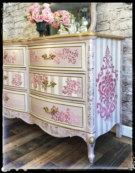 Sold Elegant Pink And Gold Dixie Dresser With Matching Mirror