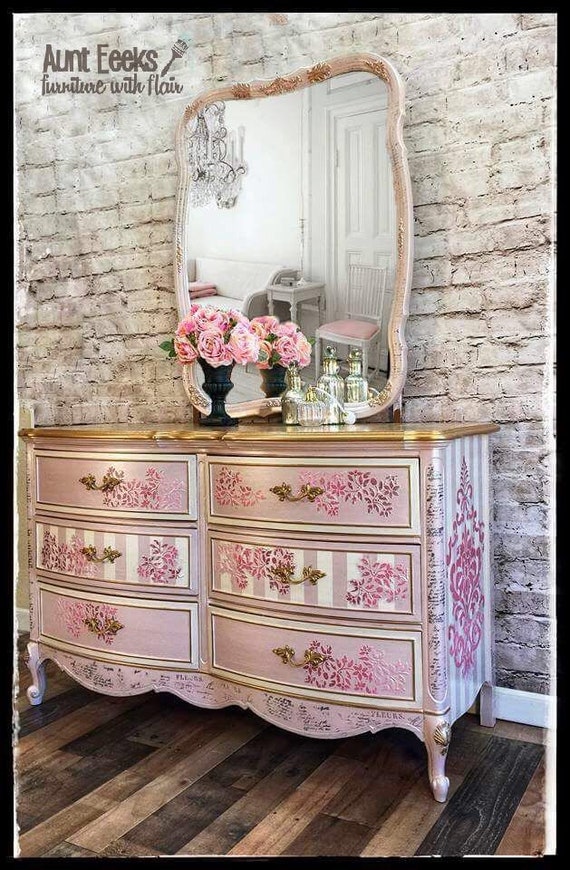 Sold Elegant Pink And Gold Dixie Dresser With Matching Mirror Etsy