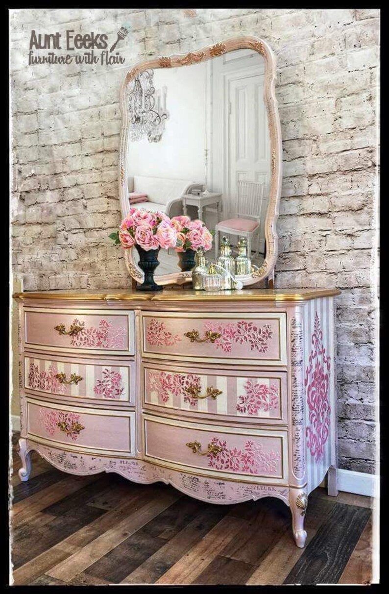 Sold Elegant Pink And Gold Dixie Dresser With Matching Mirror