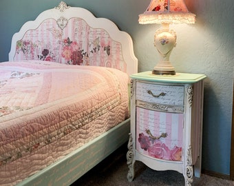 Ornate floral hand painted full size antique bed