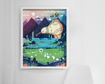 18x24 Mountain Art Print - New Zealand Illustration - Kiwi Poster - Nursery Room Decor - Kids Bedroom Decor - Outdoor Print - Cute Wall Art