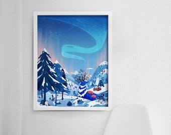 18x24 Northern Lights Art - Constellation Design - Winter Reindeer Art - Nursery Room Decor - Miyazaki Art Print - Kids Bedroom Decor - Gift