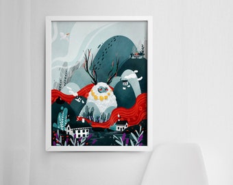 18x24 Yeti Landscape Art - Scandinavian Art - Fantasy Illustration - Nordic Animal Print - Bulgaria Art Print - Studio Ghibli Print - Travel