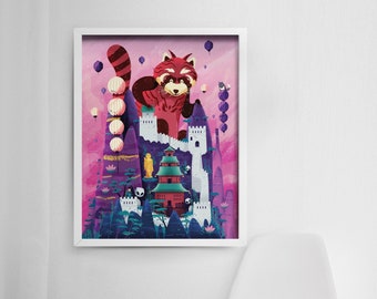 18x24 Whimsical Panda Art - Raccoon Illustration - Red Panda Poster - Nursery Room Decor - China Wall Art - Studio Ghibli -Fantasy Landscape
