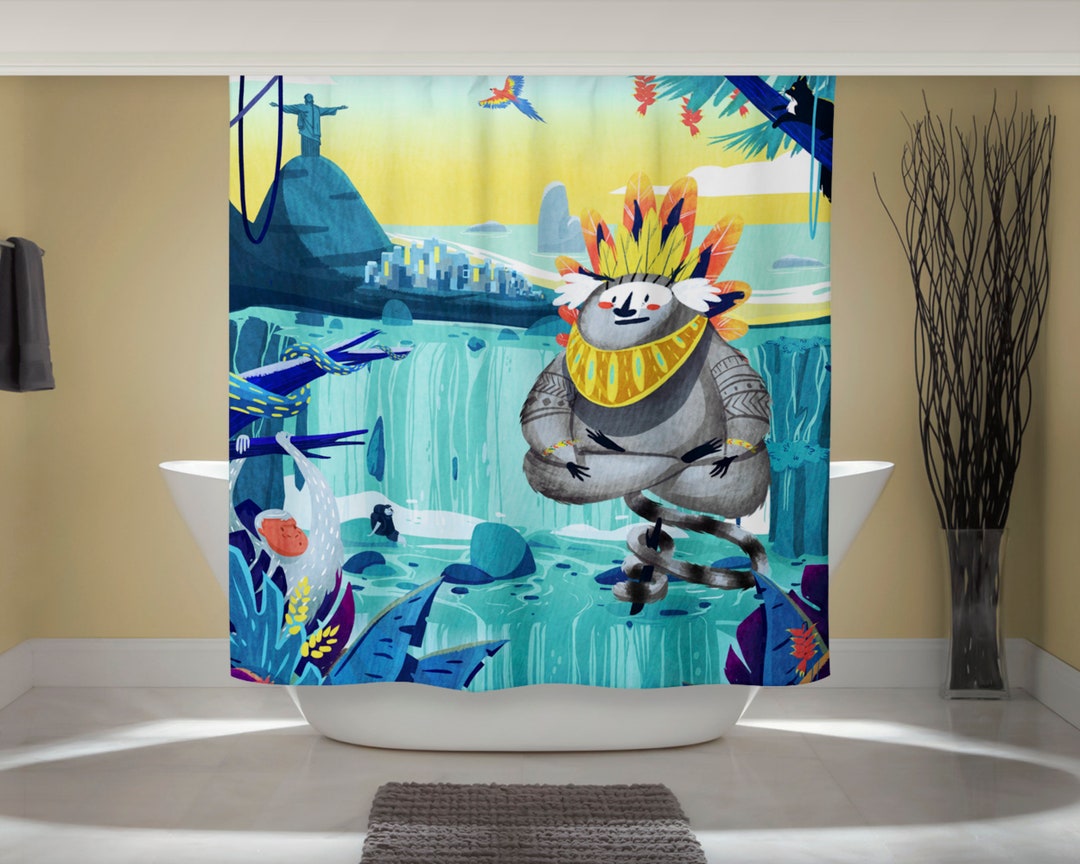 Waterfall Curtain Fun Shower Curtain Cute Monkey Print Whimsical Animal