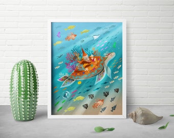 8x10 Sea Turtle Print - Fantasy Animal Decor - Whimsical Ocean Art - Sea Life Art Print - Costa Rica Art - Kids Bedroom Decor - Miyazaki