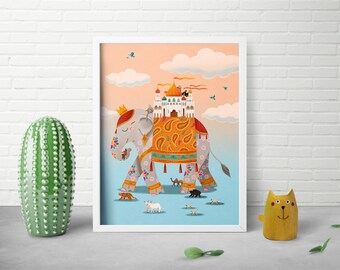 8x10 Elephant Print - Fantasy Animal Decor - Whimsical Wildlife Art - Cute Travel Print - India Illustration - Kids Bedroom Decor - Miyazaki