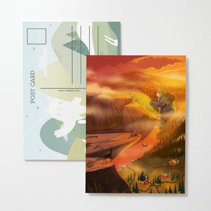 5x7 Norway Sunrise Postcard - Fantasy Animal Card - Mountain Wall Art - Scandinavian Decor - Whimsical Stationary - Gift for Friend - Ghibli