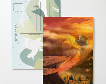 Carte postale 5x7 Norway Sunrise - Carte d’animal fantastique - Art du mur de montagne - Décor scandinave - Papeterie fantaisiste - Cadeau pour ami - Ghibli