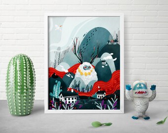 8x10 Scandinavian Print - Fantasy Yeti Print - Illustrated Animal Print - Nordic Art Print - Studio Ghibli Design - Kids Bedroom Decor