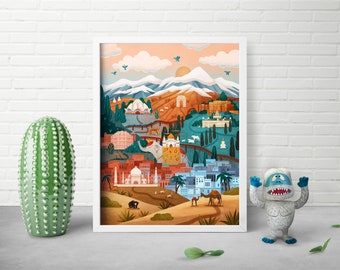 8x10 Elephant Print - India Landscape - Whimsical Wildlife Art - Cute Travel Print - Studio Ghibli - Desert Mountain - Kids Bedroom Decor
