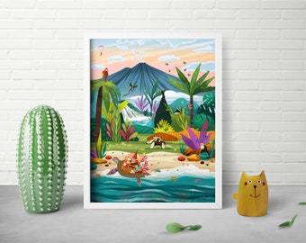 8x10 Costa Rica Print - Jungle Animal Decor - Whimsical Travel Art - Turtle Art Print - Tropical Beach Art - Kids Bedroom Decor - Miyazaki