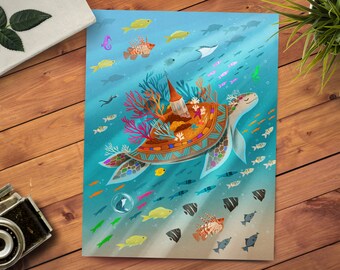 11x14 Sea Turtle Print - Fantasy Animal Decor - Whimsical Ocean Art - Sea Life Art Print - Costa Rica Art - Kids Bedroom Decor - Miyazaki