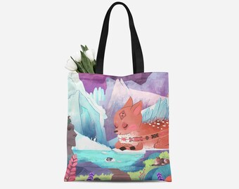 Patagonia Tote Bag - Winter Deer Print - Glacier Mountain Bag - Animal Canvas Bag - Whimsical Animal Art - Studio Ghibli Art - Gift For Her