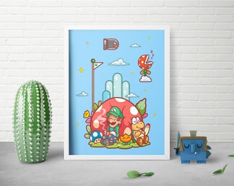 8x10 Green Plumber Print - Nintendo Design - Pop Culture Art - Video Game Illustration - Retro 80s Art Print - Kids Bedroom Decor - Miyazaki