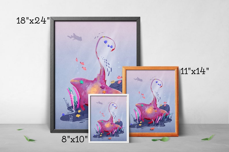 8x10 Manta Ray Art Print Sea Life Design Whimsical Seascape Baby Ocean Theme Studio Ghibli Nursery Room Decor Kids Bedroom Art image 4