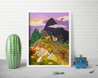 8x10 Machu Picchu Print - Peru Alpaca Wall Art - Travel Landscape - Gift for Kids - Studio Ghibli - Nursery Poster - South America