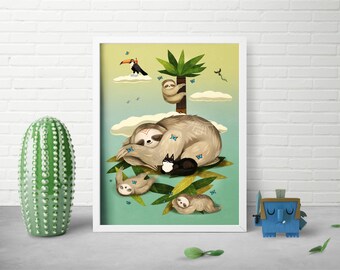 8x10 Sleepy Sloth Print - Fantasy Animal Decor - Whimsical Jungle Art - Travel Art Print - Costa Rica Art - Kids Bedroom Decor - Miyazaki