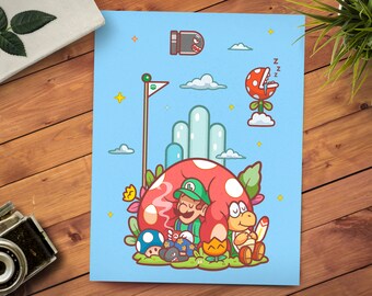 11x14 Green Plumber Print - Nintendo Design - Pop Culture Art - Video Game Illustration - Retro 80s Art Print - Kids Room Decor - Miyazaki