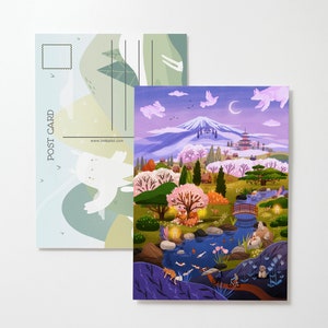 5x7 Mount Fuji Postcard - Sakura Fox Card - Miyazaki Design - Japanese Landscape - Gift for Kids - Studio Ghibli - Wildlife Stationary