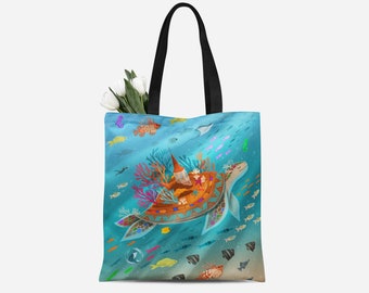 Sea Turtle Tote Bag - Ocean Shopping Bag - Sea Life Canvas Bag - Underwater Landscape - Costa Rica Print - Studio Ghibli Art - Gift For Her