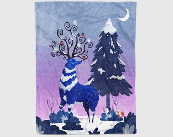 Reindeer Blanket - Winter Deer Throw - Cute Woodland Fleece - Whimsical Animal Art - Studio Ghibli Art - Miyazaki Art - Nursery Room Decor