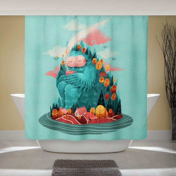 Cute Owl Curtain - Fun Shower Curtain - Owl Bathroom Art - Coffee Tea Design - Whimsical Animal Art - Studio Ghibli Art - Home Decor