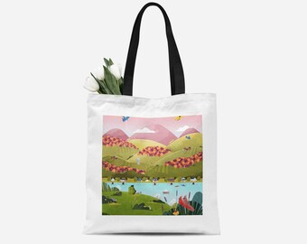 Nature Shopping Bag - Autumn Lake Tote Bag - Summer Canvas Bag - Fantasy Landscape - Whimsical Shoulder Bag -Studio Ghibli Art -Gift For Her