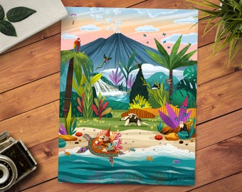 11x14 Costa Rica Print - Jungle Animal Decor - Whimsical Travel Art - Turtle Art Print - Tropical Beach Art - Kids Bedroom Decor - Miyazaki