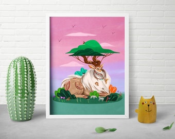 8x10 Wildlife Art Print - Miyazaki Design - Kudu Jungle Print - Cute Africa Print - Nature Animal Poster - Studio Ghibli Art - Nursery Decor